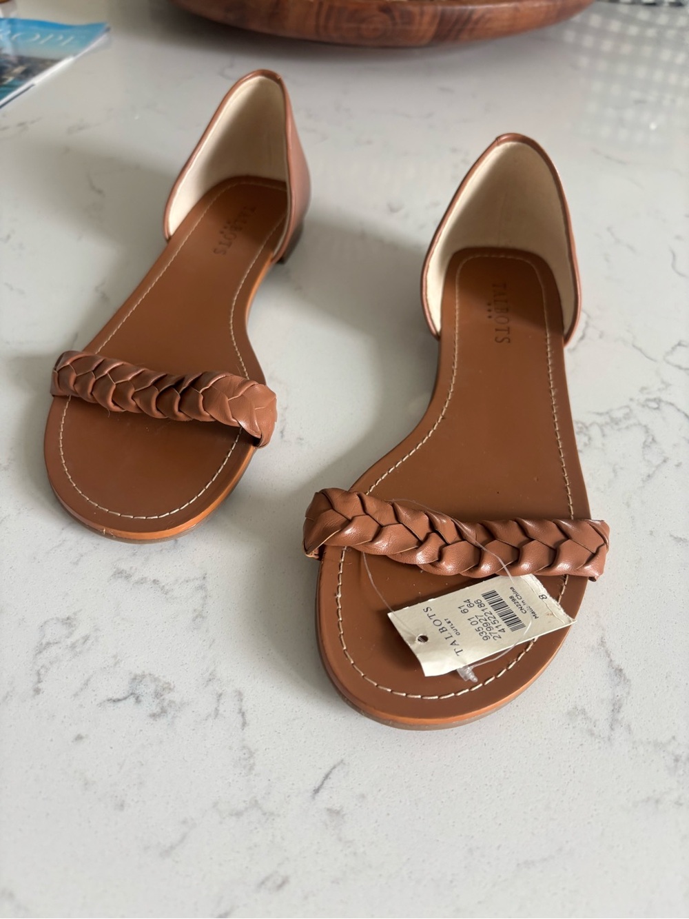 Talbots Braided Strap Tan Leather D'Orsay Sandals